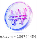 3d glass holographic Korean won coin icon render. KRW currency symbol, Asian money with blue purple neon gradient. Rainbow crystal cash, financial design element for exchange market. 3D illustration 3d glass holographic Korean won coin icon render. KRW currency symbol, Asian money with blue purple neon gradient. Rainbow crystal cash, financial design element for exchange market. 3D illustration 136744454