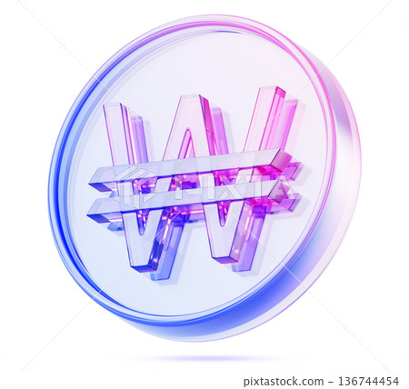 3d glass holographic Korean won coin icon render. KRW currency symbol, Asian money with blue purple neon gradient. Rainbow crystal cash, financial design element for exchange market. 3D illustration 136744454