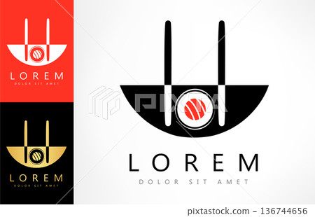 Asian food rolls logo vector. Sushi design vector illustration. Plate and chopsticks for sushi 136744656