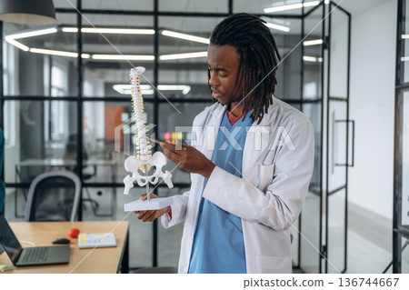 Man doctor is showing the model of human spine Man doctor is showing the model of human spine 136744667