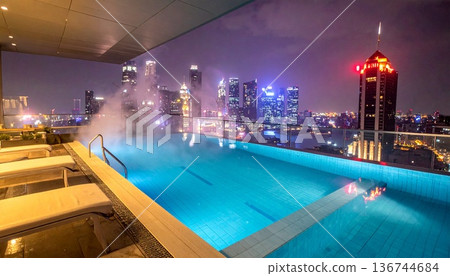 夜晚，從摩天大樓屋頂豪華蒸氣騰騰的無邊際泳池內拍攝的第一視角鏡頭 136744684