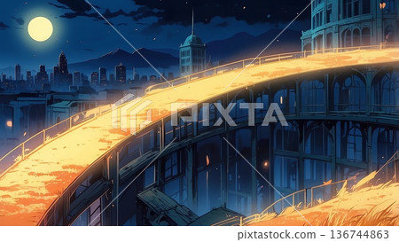 遊戲背景：夜晚的城市，一輪滿月高懸，一條空中走廊被月光照亮。 136744863