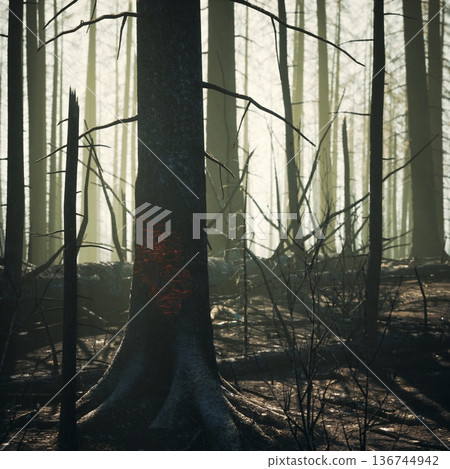 smoldering tree trunk dotted with glowing embers and scarred bark, closeup reveals hotspots, soot and residue, ominous atmosphere as arson investigator smoldering tree trunk dotted with glowing embers and scarred bark, closeup reveals hotspots, soot and residue, ominous atmosphere as arson investigator 136744942