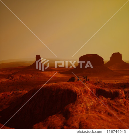 Golden hour mesas invite rugged exploration across sandstone ridges, panoramic viewpoint overlooking valley and distant buttes, dust particles glowing in warm 136744943