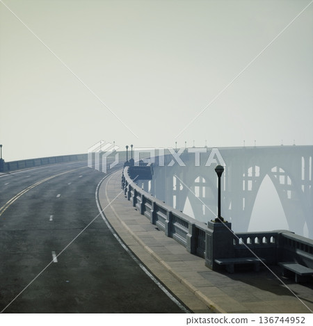 Solitary bridge curve with lamp posts and heavy air, worn pavement and balustrade creating nostalgic urban stillness, perfect for themes of isolation, Solitary bridge curve with lamp posts and heavy air, worn pavement and balustrade creating nostalgic urban stillness, perfect for themes of isolation, 136744952