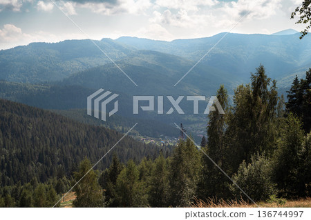 Mountain Forest Valley with Hills and Dramatic Cloudy Sky Mountain Forest Valley with Hills and Dramatic Cloudy Sky 136744997