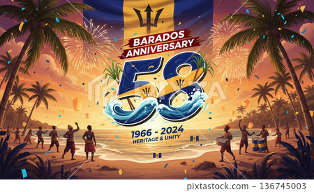 Barbados Anniversary Poster with Tropical Beach Party and National Flag 136745003