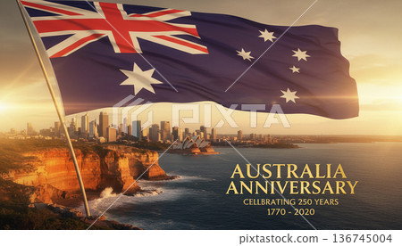 Australia Anniversary Poster with National Flag and Coastal Sunset Cityscape Australia Anniversary Poster with National Flag and Coastal Sunset Cityscape 136745004