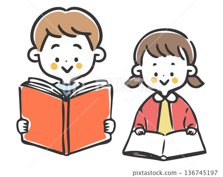 男孩和女孩讀書向量圖 136745197