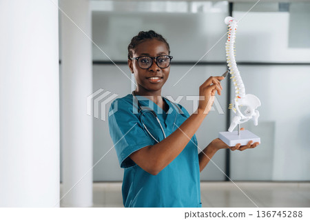 Human spine model, teaching and showing. Female doctor is indoors in modern room 136745288