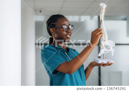Human spine model, teaching and showing. Female doctor is indoors in modern room 136745291