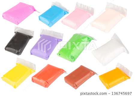 Color pink modeling clay  clear plastic isolated on white background 136745697