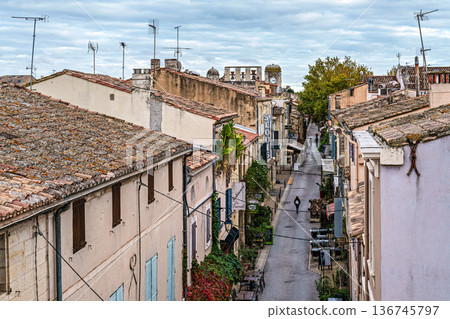 Aigues Mortes, France - Nov 05, 2025: The houses of the historic city center of Aigues-Mortes in France Aigues Mortes, France - Nov 05, 2025: The houses of the historic city center of Aigues-Mortes in France 136745797