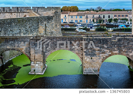 Ramparts and Medieval Walls of Aigues Mortes in Camargue, France 136745803