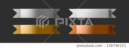 3D silver and gold ribbon collection with realistic tape elements, perfect for badges, bookmarks, seals, and promotional stickers on isolated backgrounds. 3D silver and gold ribbon collection with realistic tape elements, perfect for badges, bookmarks, seals, and promotional stickers on isolated backgrounds. 136746151