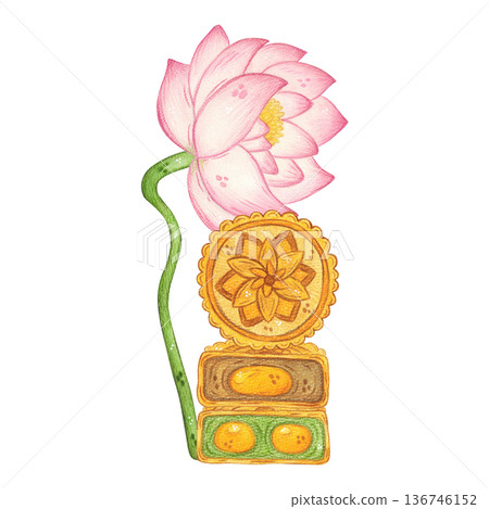 A composition of a lotus flower and moonflowers. Hand-drawn watercolor illustration, cartoon. Design for posters, stickers, and prints. Mid-Autumn Festival, China, traditions 136746152