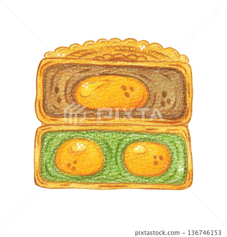 A composition of two mooncake halves. Chinese Mid-Autumn Festival. Hand-drawn watercolor illustration, cartoon. Design for posters, stickers, and prints. Baking, food, treats 136746153