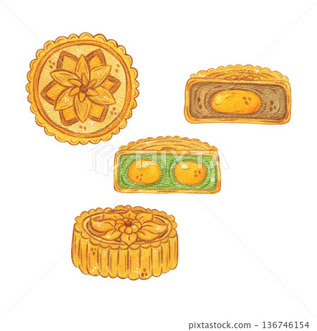 Mooncake set. Chinese Mid-Autumn Festival. Hand-drawn watercolor illustration, cartoon. Design for poster, stickers, print. Baking, food, treat Mooncake set. Chinese Mid-Autumn Festival. Hand-drawn watercolor illustration, cartoon. Design for poster, stickers, print. Baking, food, treat 136746154
