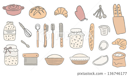 Hand-drawn sourdough bread baking set with artisan kitchen tools and pastries. Vector illustration isolated on white background 136746177