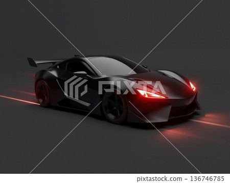 Sleek Black Sports Car with Red Accents, Dynamic Motion 136746785