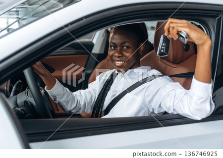 The keys are in hand. Woman in white shirt is in the modern car The keys are in hand. Woman in white shirt is in the modern car 136746925
