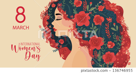 8 March International womens day Greeting Card. Beautiful young woman with flowers in hair. 8 March International womens day Greeting Card. Beautiful young woman with flowers in hair. 136746955