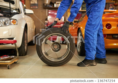 Auto mechanic changing tires at a factory Auto mechanic changing tires at a factory 136747254