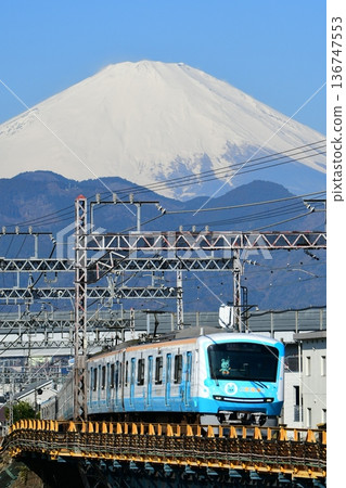 以富士山為背景的Mokoron列車駛往新宿方向(垂直照片) 以富士山為背景的Mokoron列車駛往新宿方向(垂直照片) 136747553
