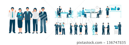 一組商業插畫，描繪了一個辦公室團隊推廣人工智慧實施和遠距辦公的場景，包括會議、演示和工作效率等。 136747835