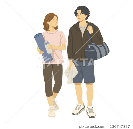 一對情侶背著健身包散步 136747857