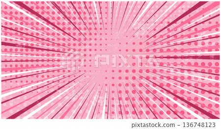 Abstract textured coral pink striped retro comic background with halftone corners and grunge overlay. Cartoon backdrop with stripes and half tone pattern for comics book, advertising design, poster Abstract textured coral pink striped retro comic background with halftone corners and grunge overlay. Cartoon backdrop with stripes and half tone pattern for comics book, advertising design, poster 136748123