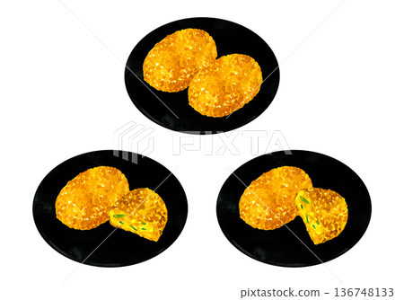 一盤南瓜丸子。手繪水彩食物插畫。 136748133