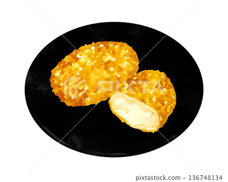 蟹肉奶油炸丸子盛於盤中。手繪水彩食物插畫。 136748134