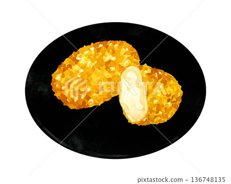 Crab cream croquette served on a plate. Hand-drawn watercolor illustration of food and cuisine. Crab cream croquette served on a plate. Hand-drawn watercolor illustration of food and cuisine. 136748135