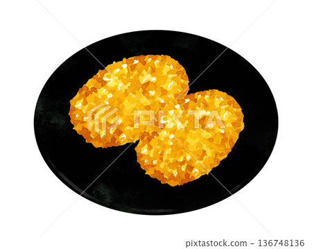 蟹肉奶油炸丸子盛於盤中。手繪水彩食物插畫。 136748136