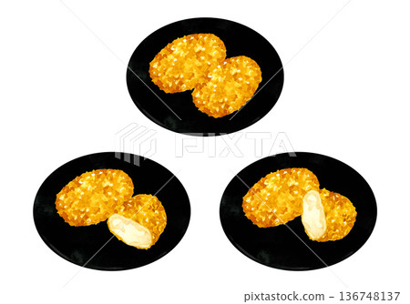 一盤蟹肉奶油炸丸子。手繪水彩插畫，描繪了美食和食物。 136748137