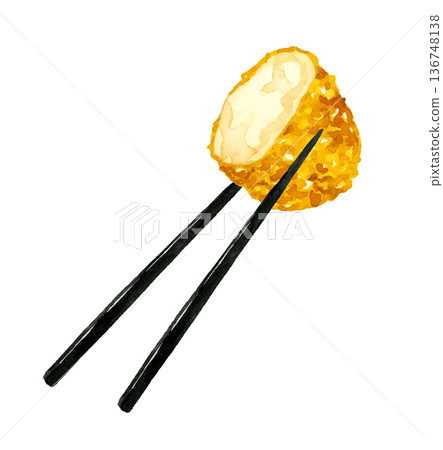 Crab cream croquette held with chopsticks - Hand-drawn watercolor illustration of food 136748138