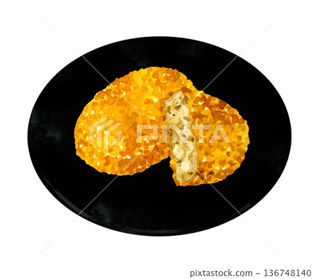 盛放在盤子裡的炸丸子。手繪水彩食物插畫。 136748140