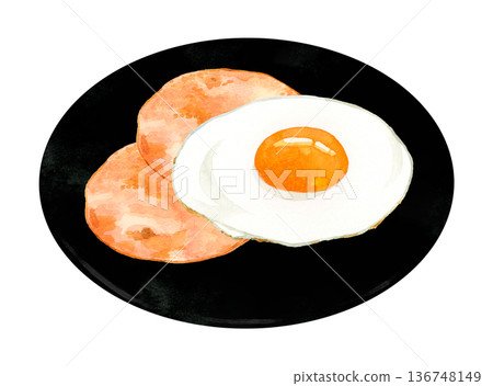 火腿和雞蛋（煎蛋）盛在盤子裡。手繪水彩畫，描繪蛋料理。 136748149