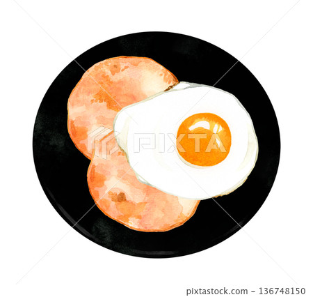 火腿和雞蛋（煎蛋）盛在盤子裡。手繪水彩畫，描繪蛋料理。 136748150