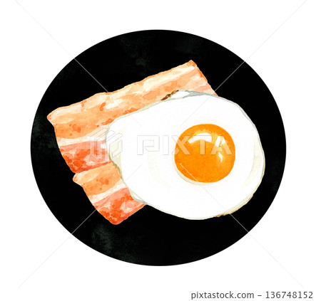 盤子裡盛著培根和雞蛋(煎蛋)。手繪水彩畫,描繪蛋料理。 盤子裡盛著培根和雞蛋(煎蛋)。手繪水彩畫,描繪蛋料理。 136748152