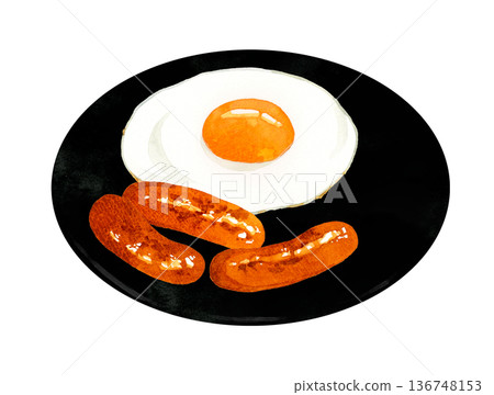 盤子裡盛著煎蛋和香腸。手繪水彩插圖，描繪了各種雞蛋料理。 136748153