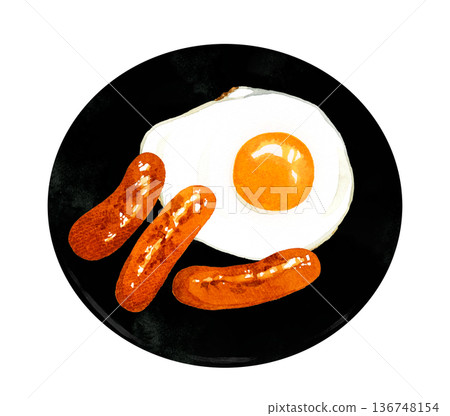 盤子裡盛著煎蛋和香腸。手繪水彩插圖，描繪了各種雞蛋料理。 136748154