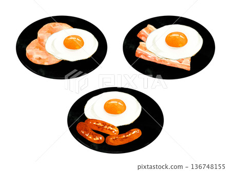 盤子裡盛著幾顆煎蛋。手繪水彩插畫，描繪了各種雞蛋料理。 136748155