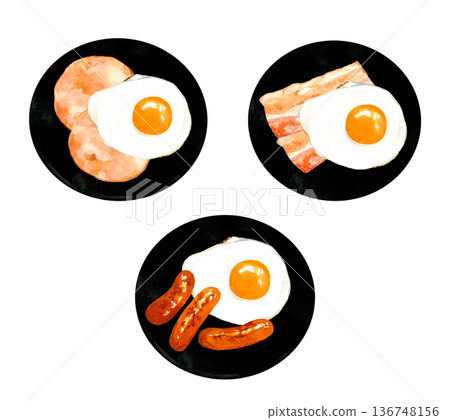 盤子裡盛著幾顆煎蛋。手繪水彩插畫，描繪了各種雞蛋料理。 136748156