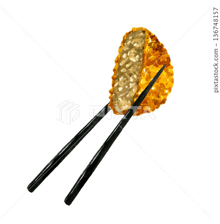 Minced meat cutlet held with chopsticks. Hand-drawn watercolor illustration of food and cuisine. Minced meat cutlet held with chopsticks. Hand-drawn watercolor illustration of food and cuisine. 136748157