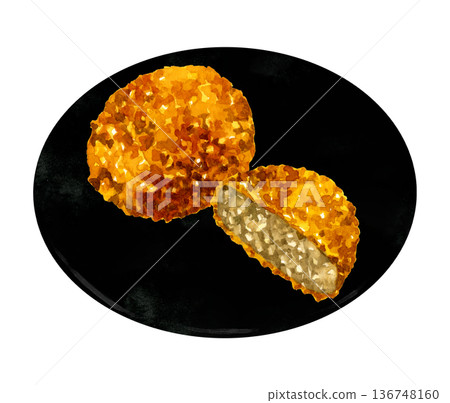 盤子裡盛著一塊肉末餅。手繪水彩食物插畫。 136748160