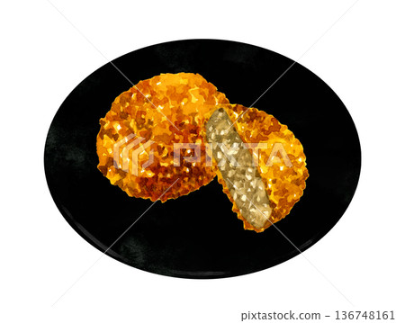 Minced meat cutlet served on a plate. Hand-drawn watercolor illustration of food and cuisine. 136748161