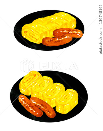 Omelette and fried sausages served on a plate. Hand-drawn watercolor illustration of food. Omelette and fried sausages served on a plate. Hand-drawn watercolor illustration of food. 136748163