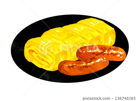 盤子裡盛著蛋捲和炸香腸。手繪水彩食物插圖。 136748165